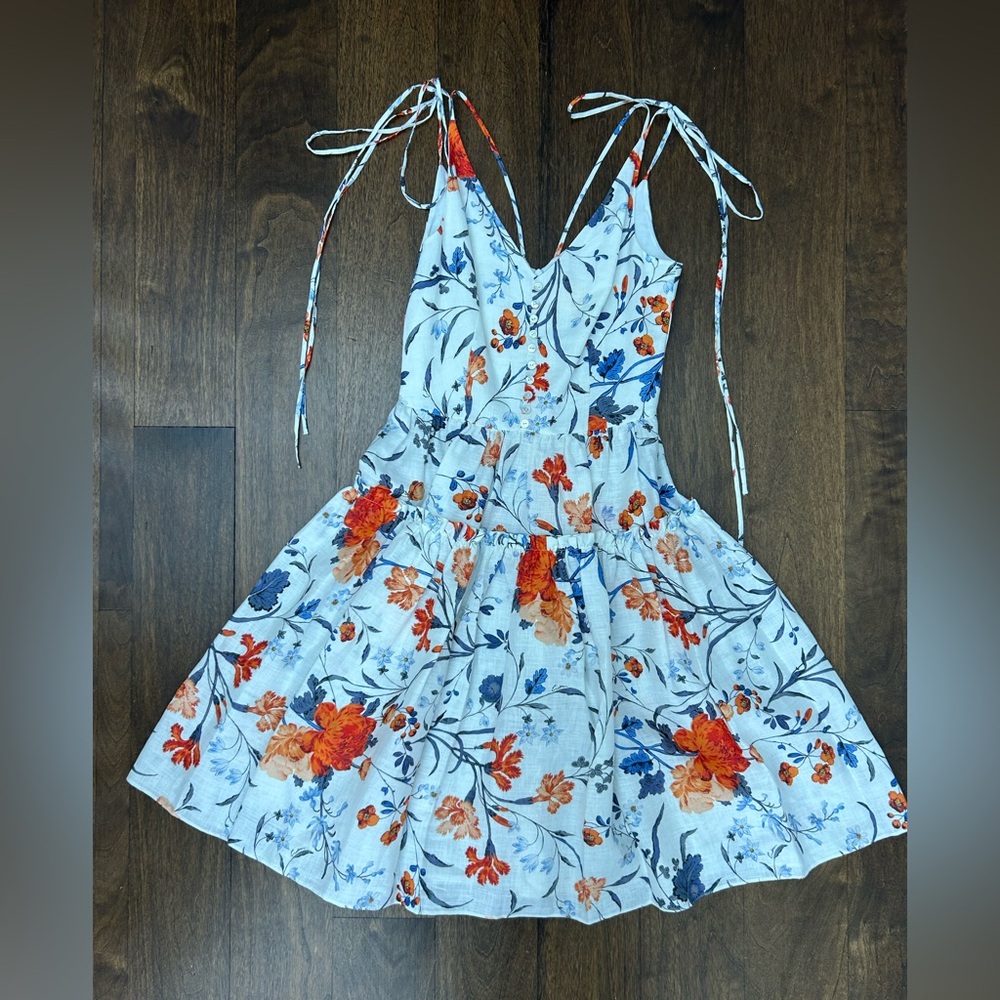NWT ERDEM Tiered floral-print cotton and linen-blend mini dress. White. Size 2.